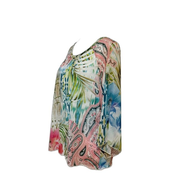 Chico's Women Size 1 US (M) Magnificent Florals Tropical Print Blouse Boho Beach - Picture 6 of 14